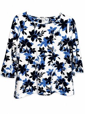 Emily Daniels Floral Blouse White Blue Black Round Neck 3/4 Sleeve Knot Top L